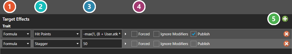 The Effect Table Editor, showing the Target Effects of a skill