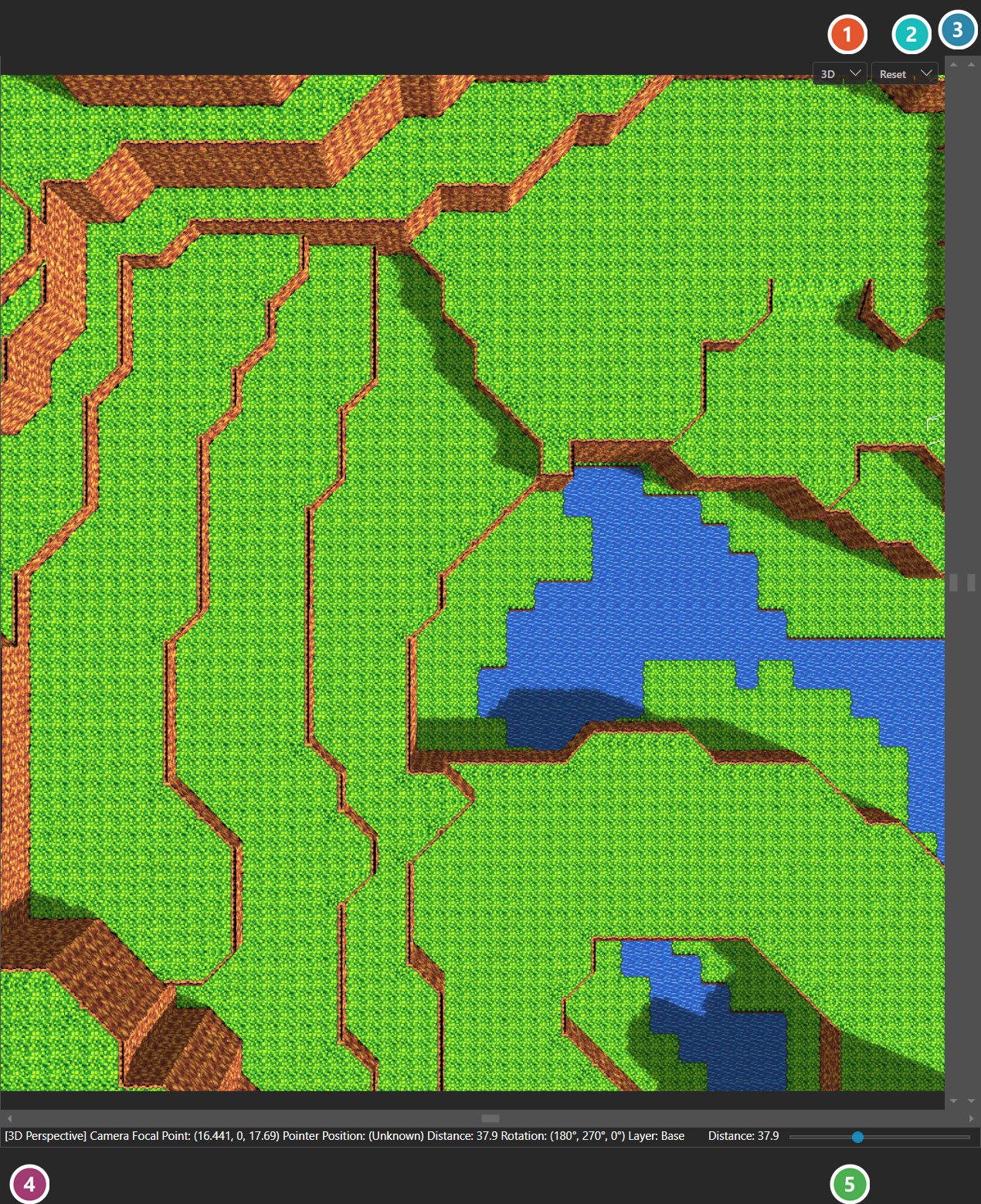 The same map drawn in three dimensions, with cliff faces, depth shading and cast shadows