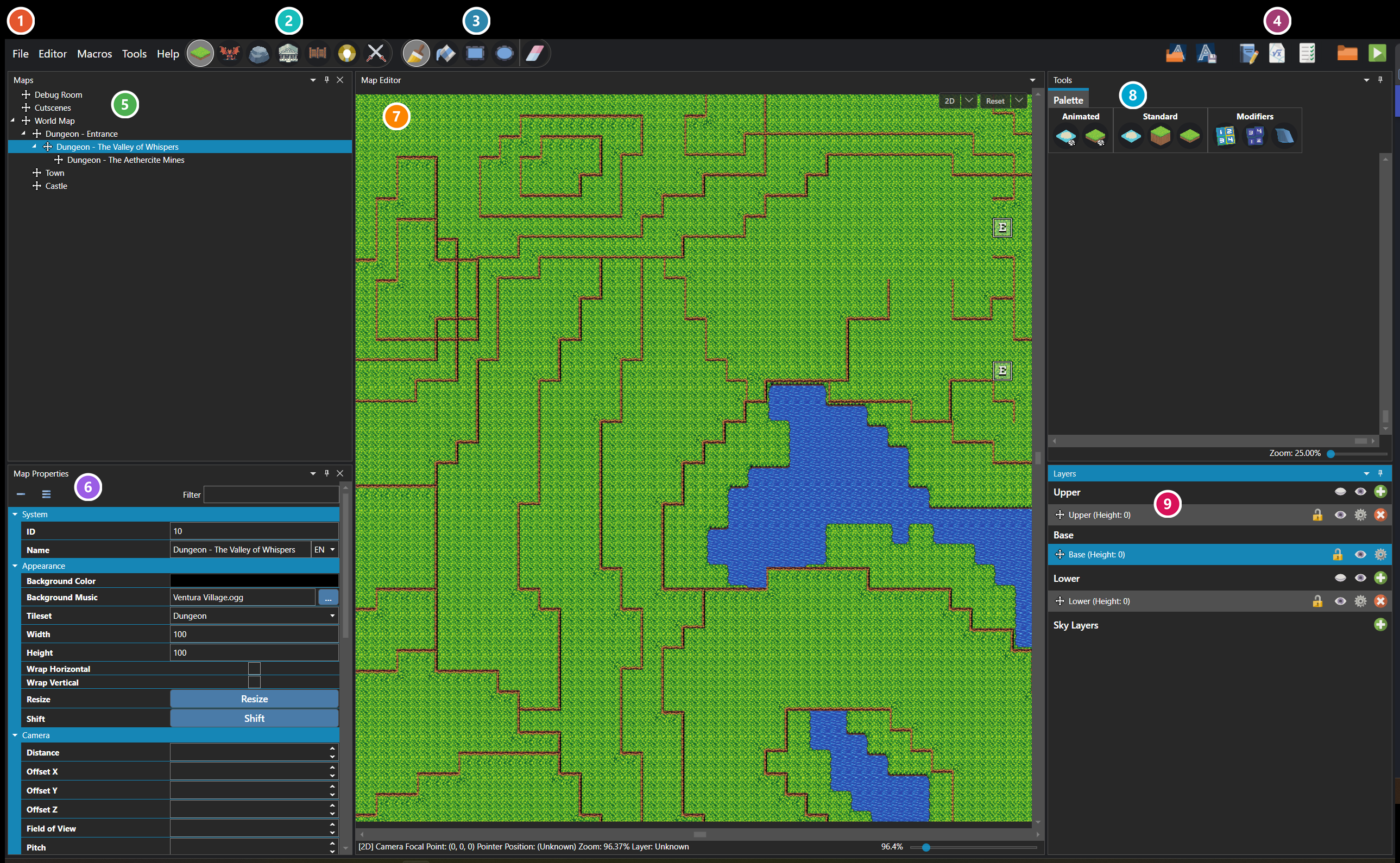 The RPG Architect map editor, showing the menu bar, the three toolbars and the five docked panes