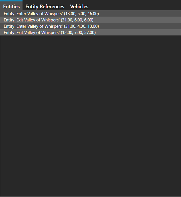 The Tools pane in entity mode, showing the Entities, Entity References and Vehicles tabs