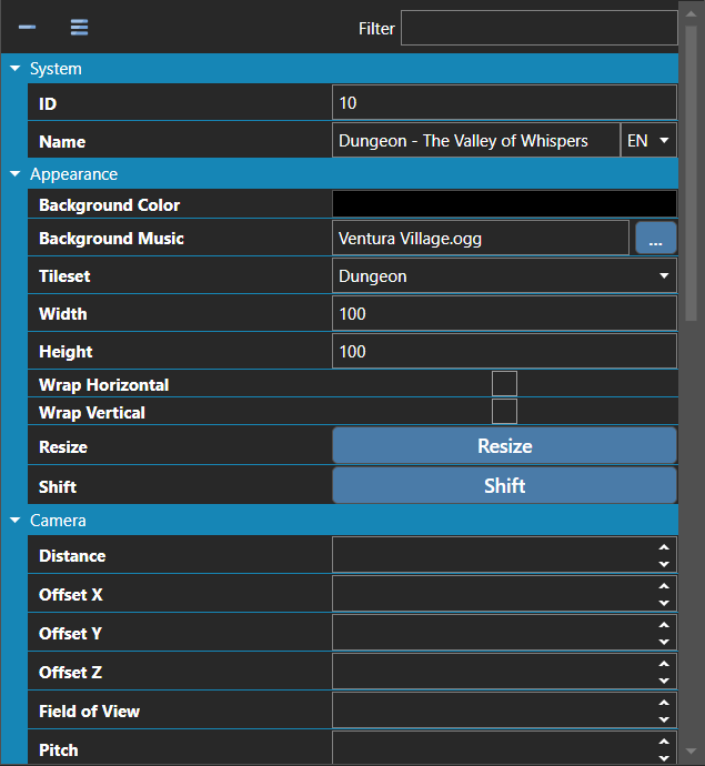 The Map Properties pane, showing the System, Appearance and Camera groups