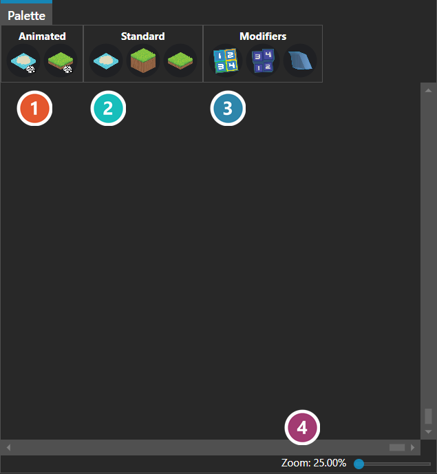 The Tools pane in tile mode, showing the tile palette split into Animated, Standard and Modifiers