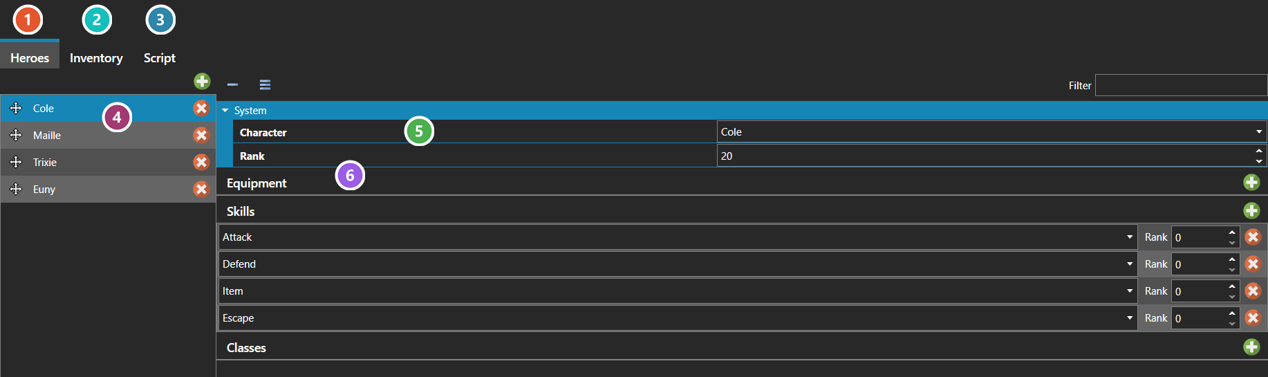 The Party Editor, showing the starting party on the New Game section
