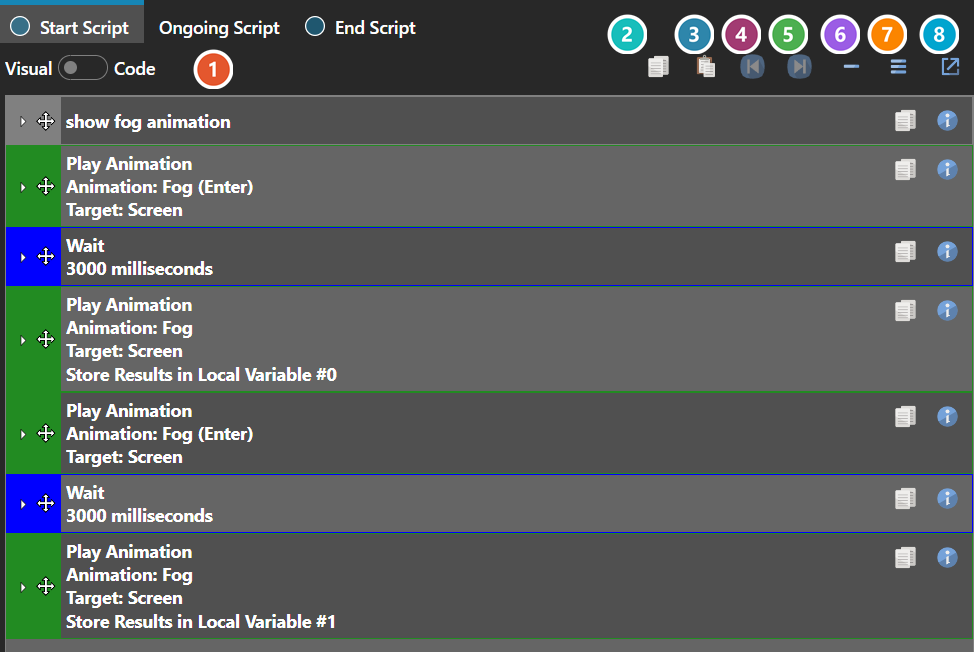The Script Editor in Visual format, showing a script as a stack of commands