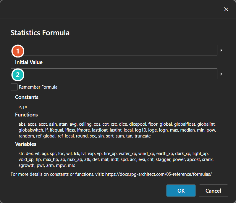 The formula editor opened from a column header, listing the constants, functions and statistic names an expression can use