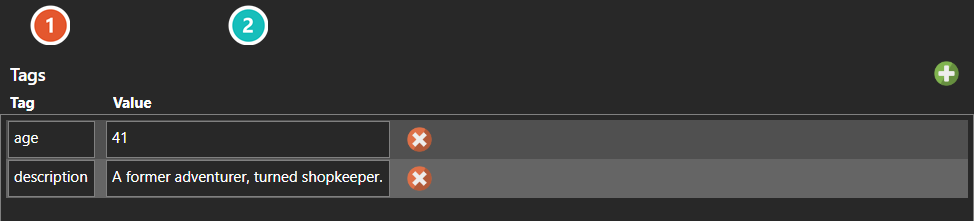 The Tag editor, listing the tags assigned to a character