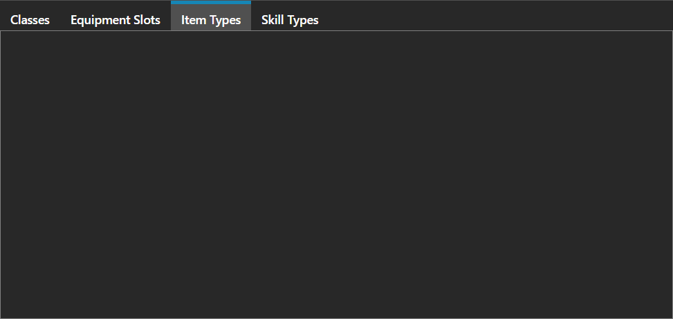 The Item Types tab, listing the item categories this character may use