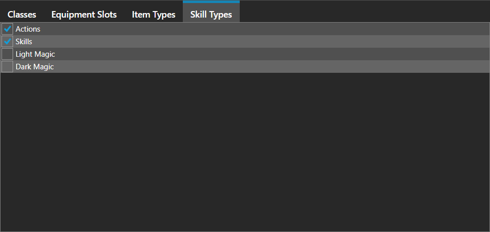 The Skill Types tab, listing the skill categories this character may use