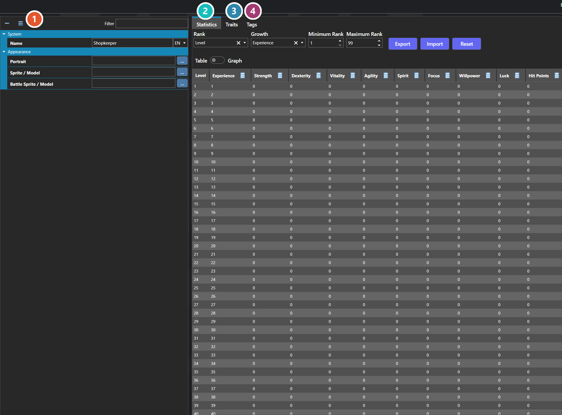 The Classes section of the database