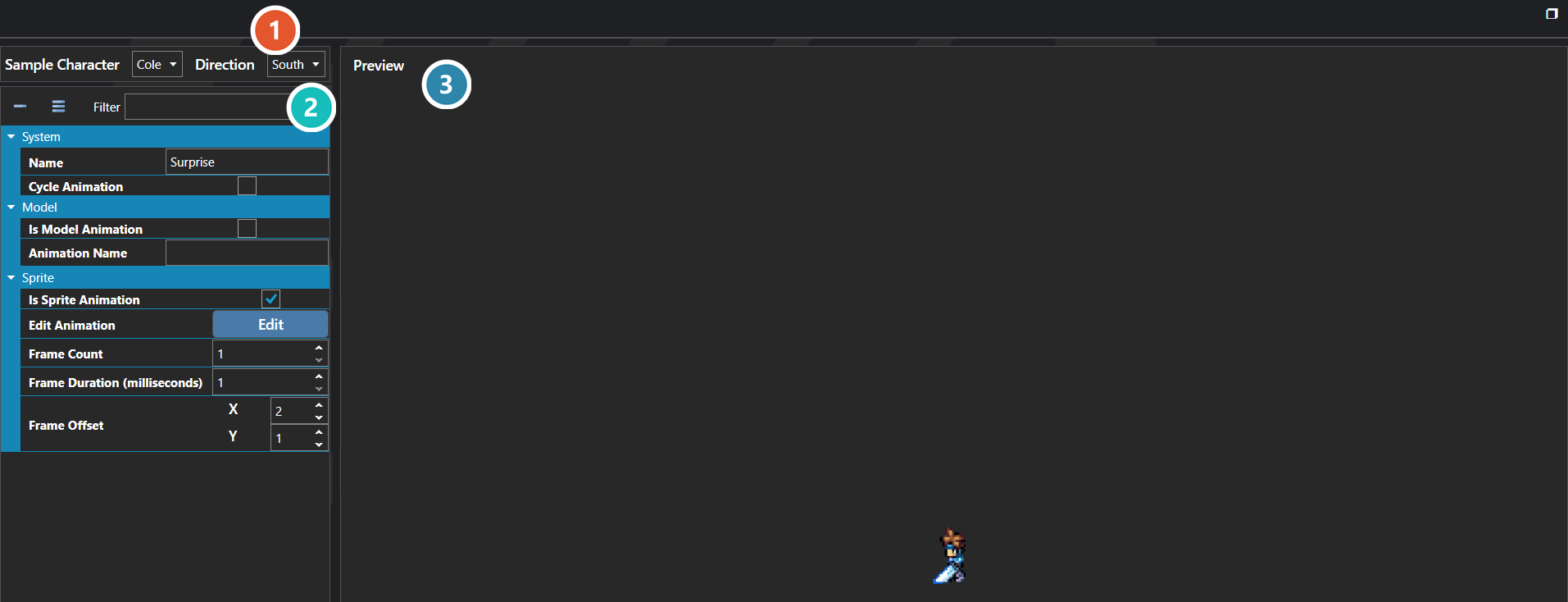 The Character Animations section of the database
