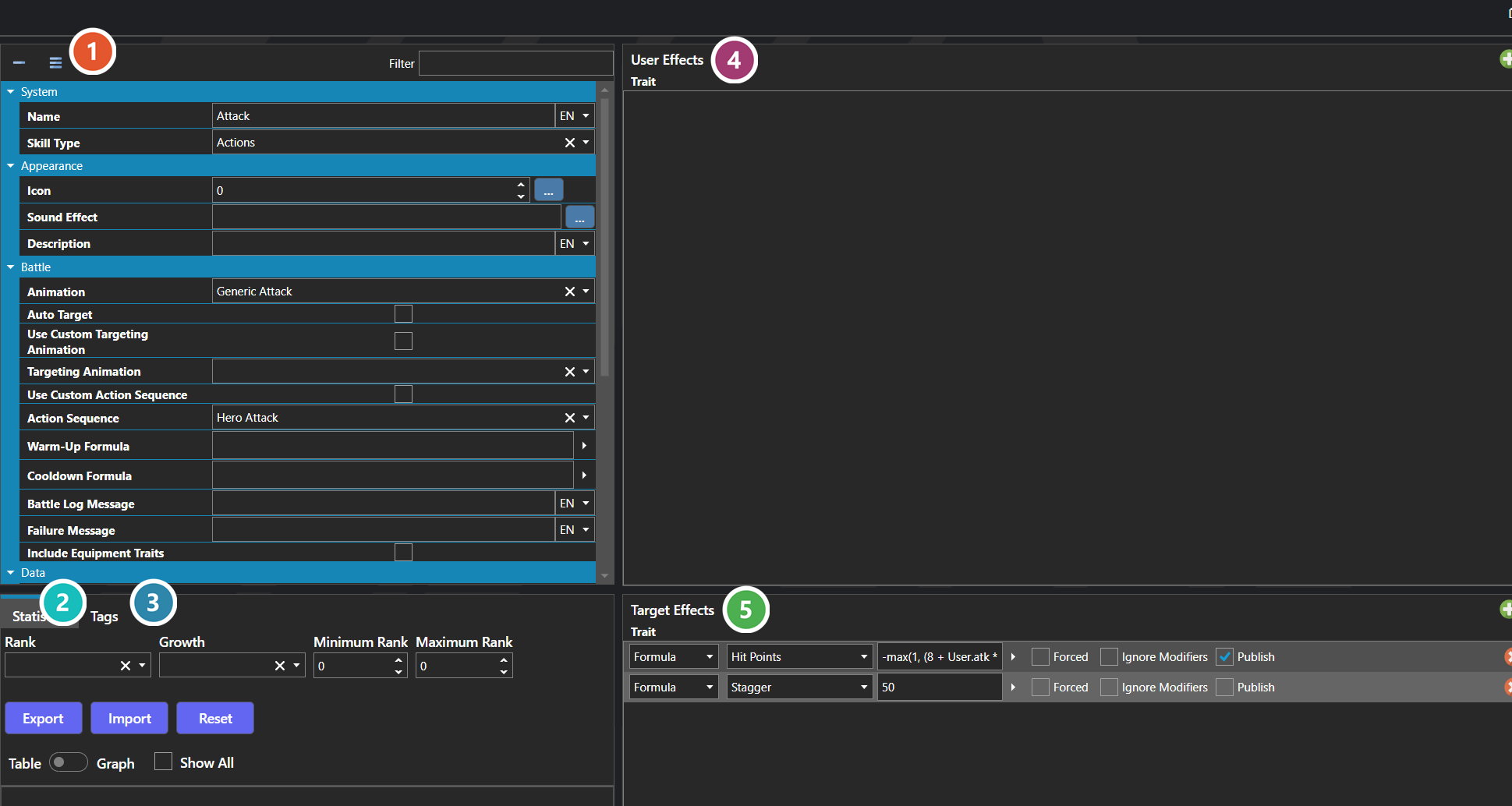 The Skills section of the database