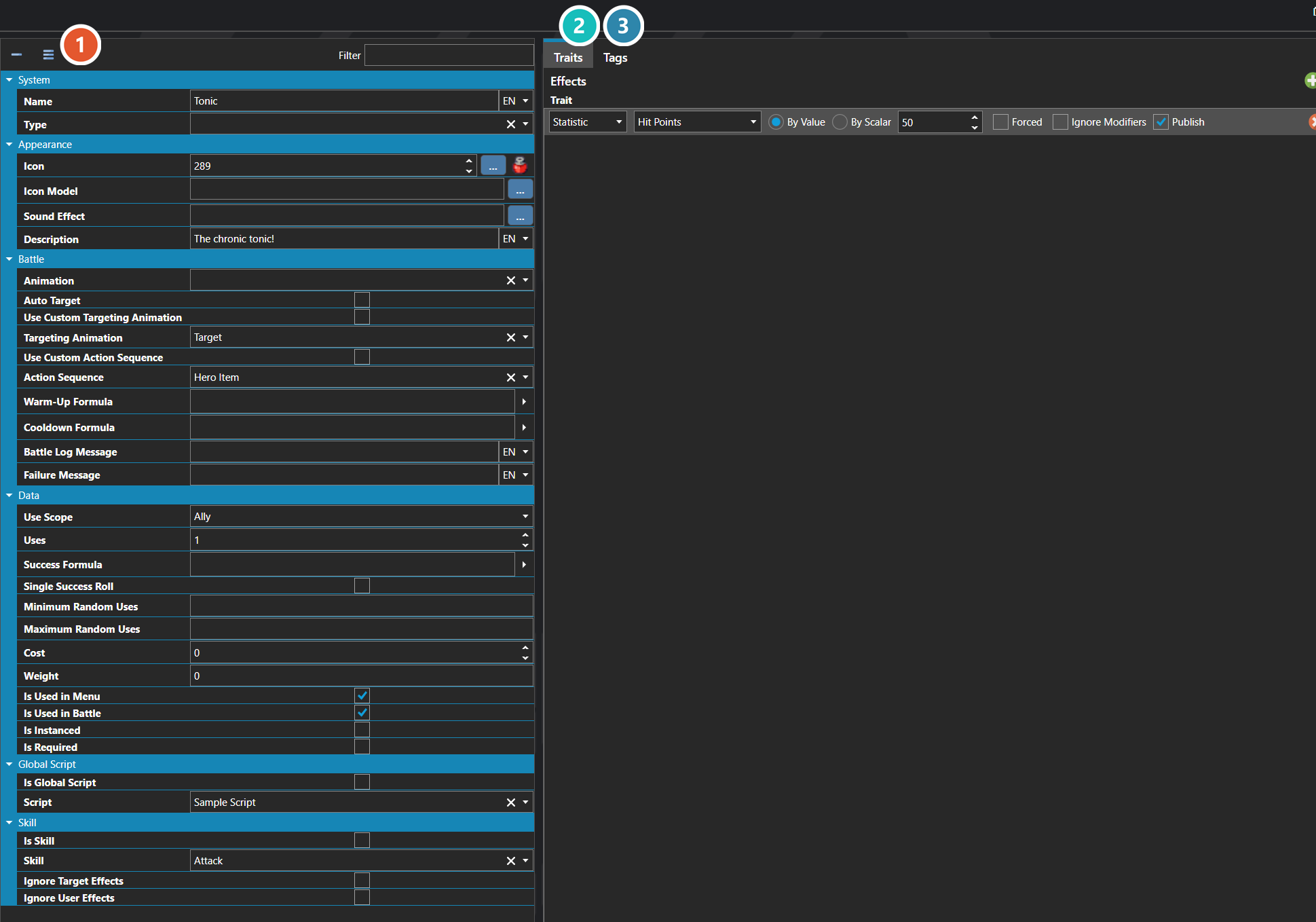 The Items section of the database