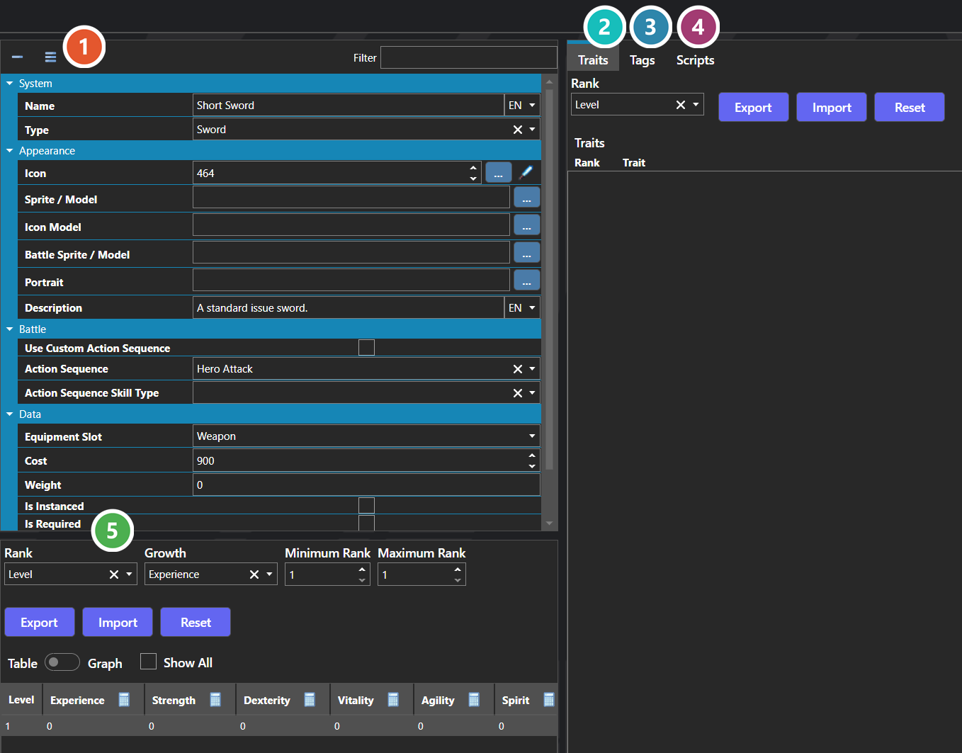The Equipment section of the database