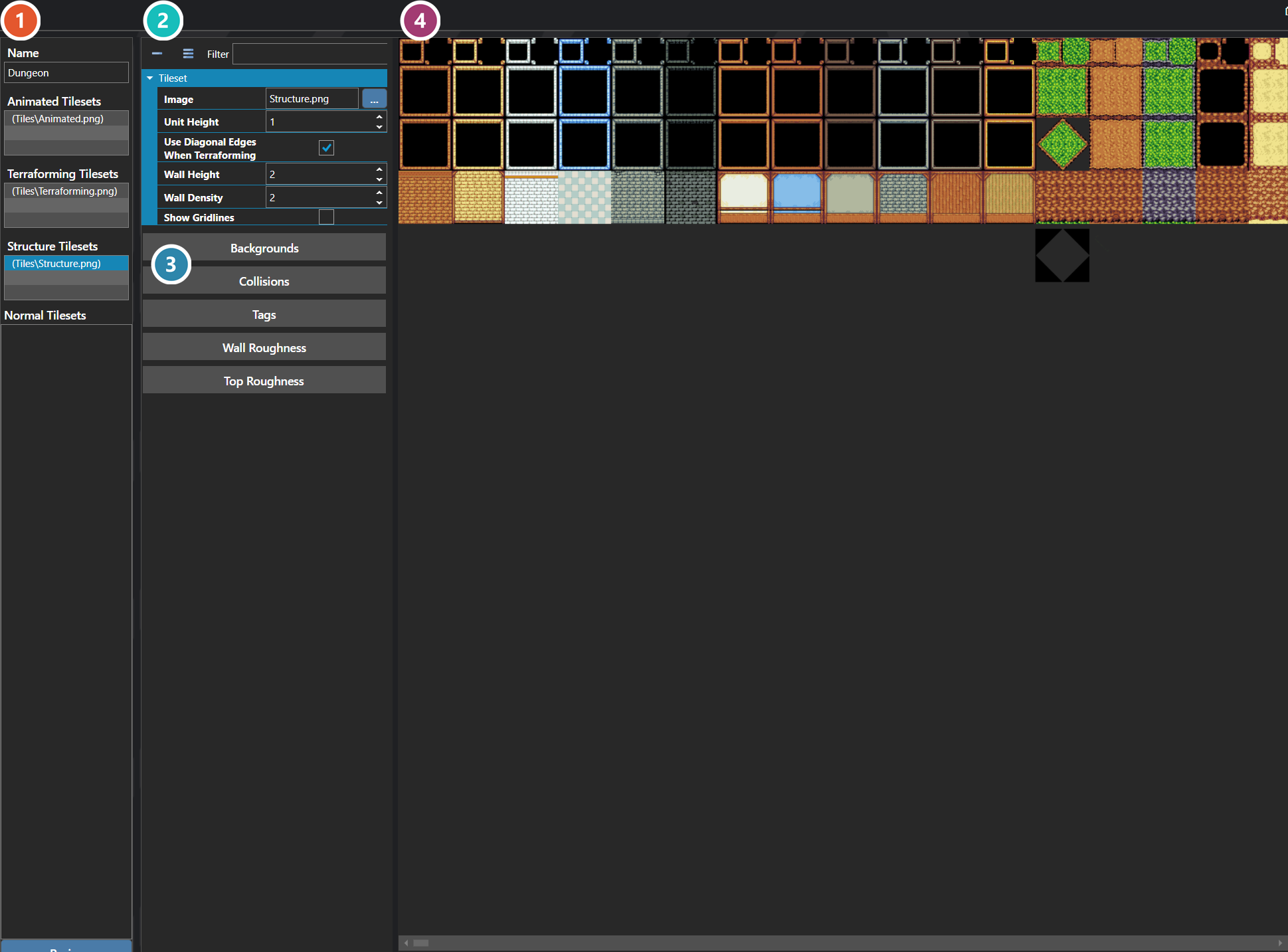The Tilesets section of the database