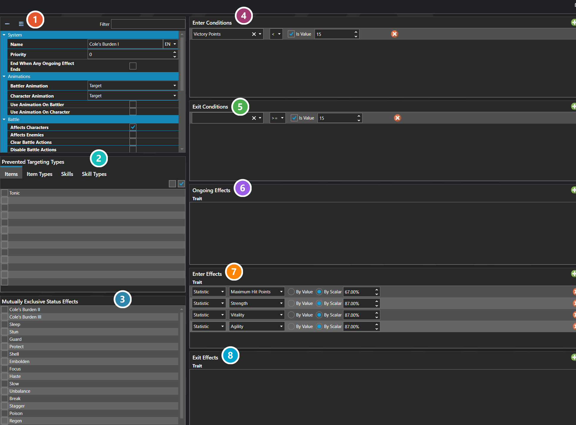 The Status Effects section of the database