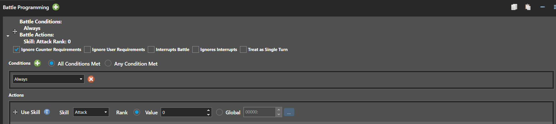 The Battle Programming tab, showing the conditions and actions that drive the enemy's turn