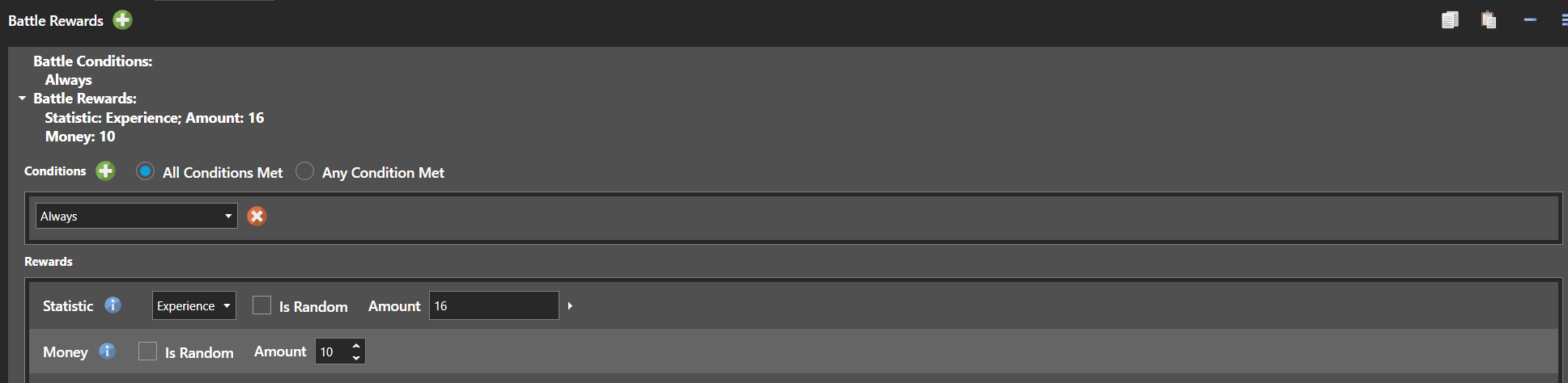 The Battle Rewards tab, listing what the party receives for defeating the enemy