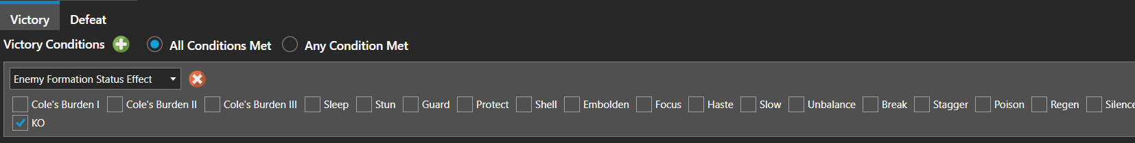 The Conditions tab, showing the project-wide victory and defeat conditions