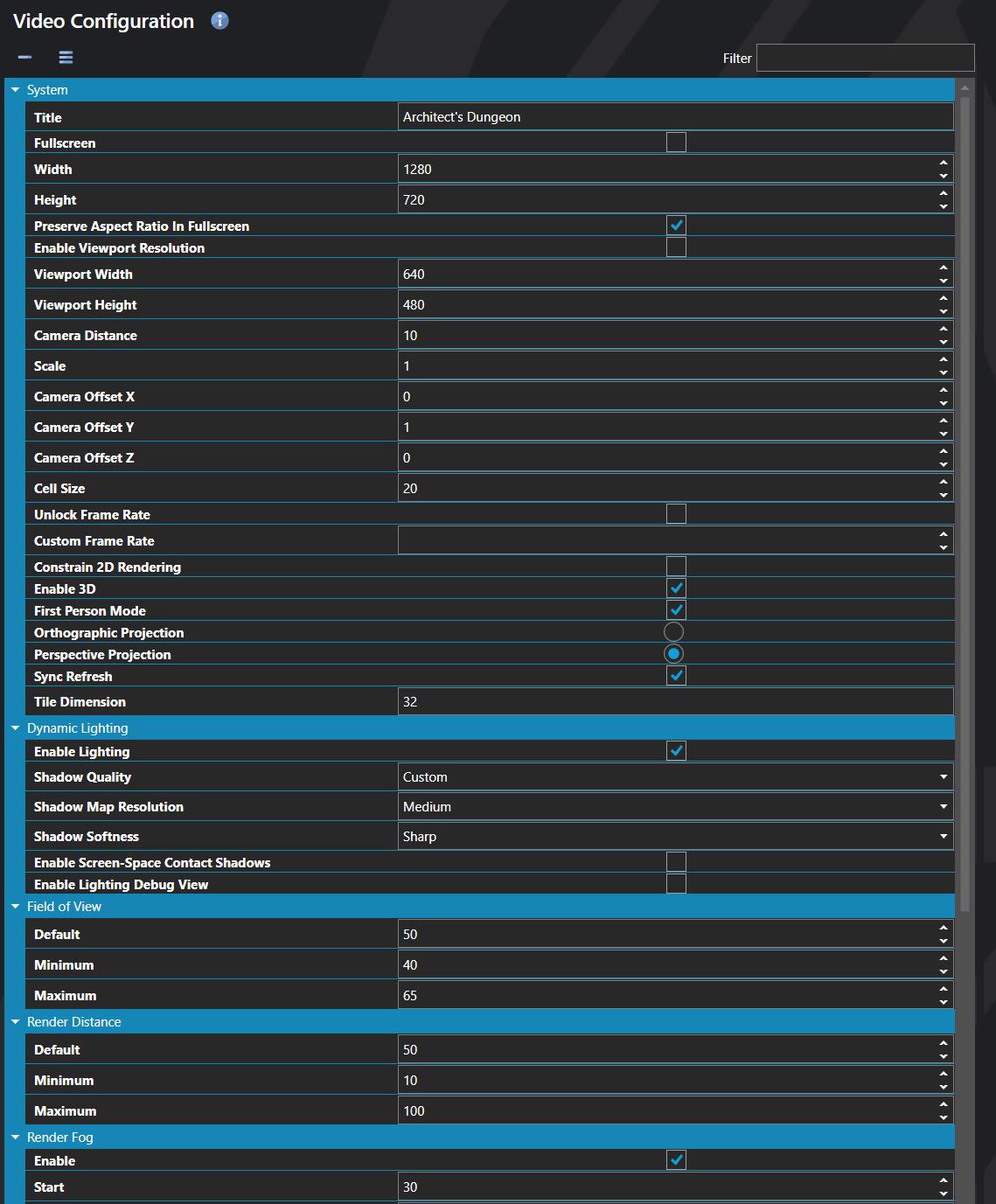 The Video Configuration section of the database